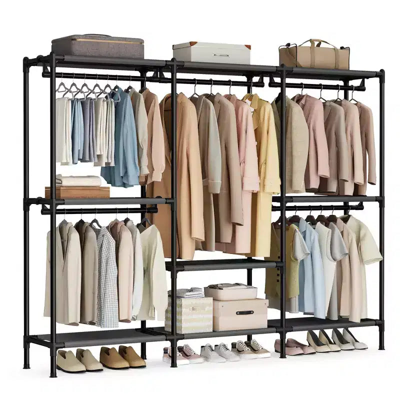 SONGMICS Clothes Rack, Heavy-Duty Wardrobe Closet Organizer with Hanging Rails and Shelves, Total Load 297 lb, Easy Assembly, Ink Black