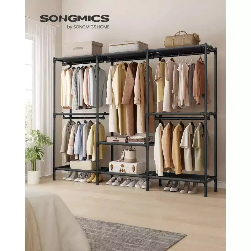 SONGMICS Portant à Vêtements Robuste, Organisateur de Placard avec Barres de Penderie et Étagères, Charge Totale 135 kg, Montage Facile, Noir Encre