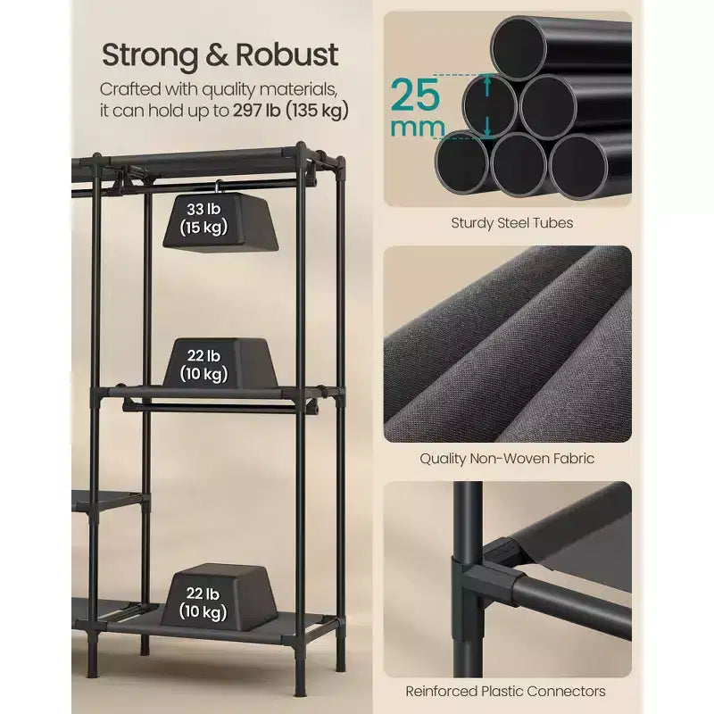 SONGMICS Portant à Vêtements Robuste, Organisateur de Placard avec Barres de Penderie et Étagères, Charge Totale 135 kg, Montage Facile, Noir Encre