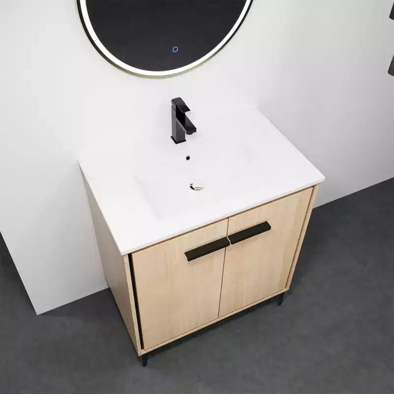 Meuble de salle de bain noir de 24 pouces entièrement pré-assemblé avec vasque et plateau en céramique, 2 portes à fermeture amortie