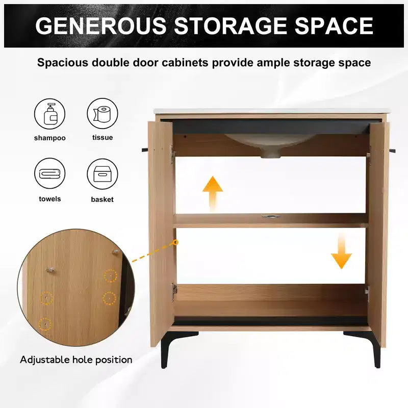 Meuble de salle de bain noir de 24 pouces entièrement pré-assemblé avec vasque et plateau en céramique, 2 portes à fermeture amortie