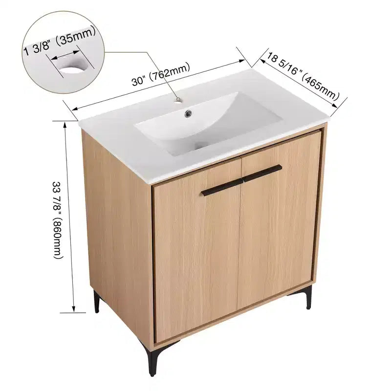 Meuble de salle de bain noir de 24 pouces entièrement pré-assemblé avec vasque et plateau en céramique, 2 portes à fermeture amortie