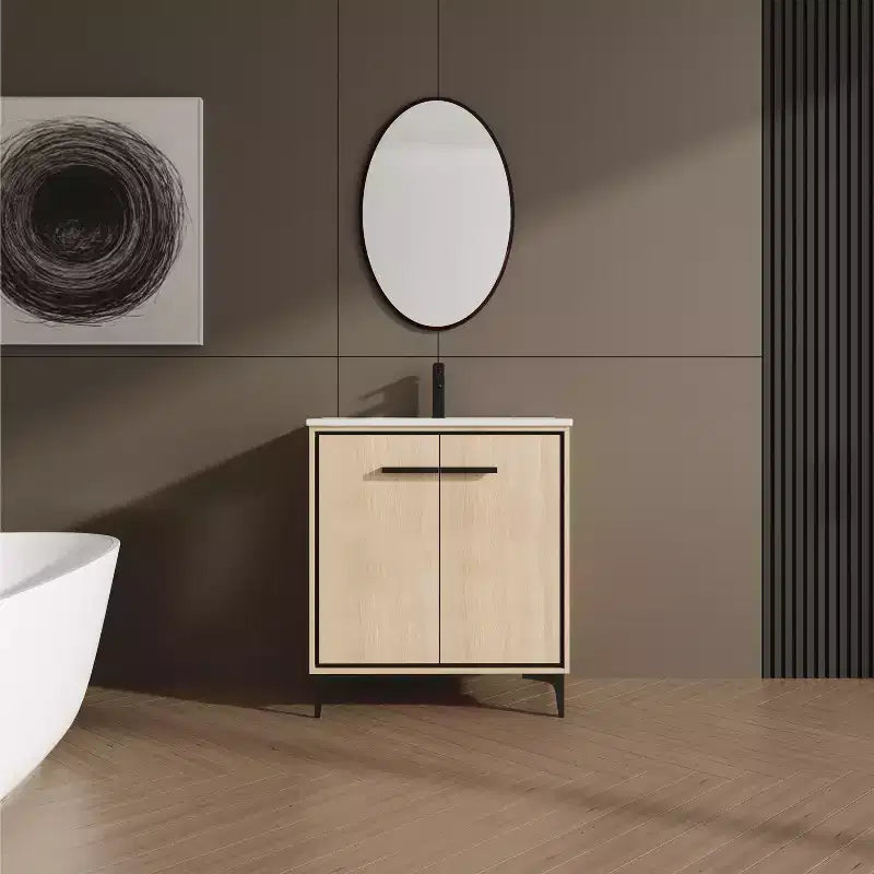 Meuble de salle de bain noir de 24 pouces entièrement pré-assemblé avec vasque et plateau en céramique, 2 portes à fermeture amortie