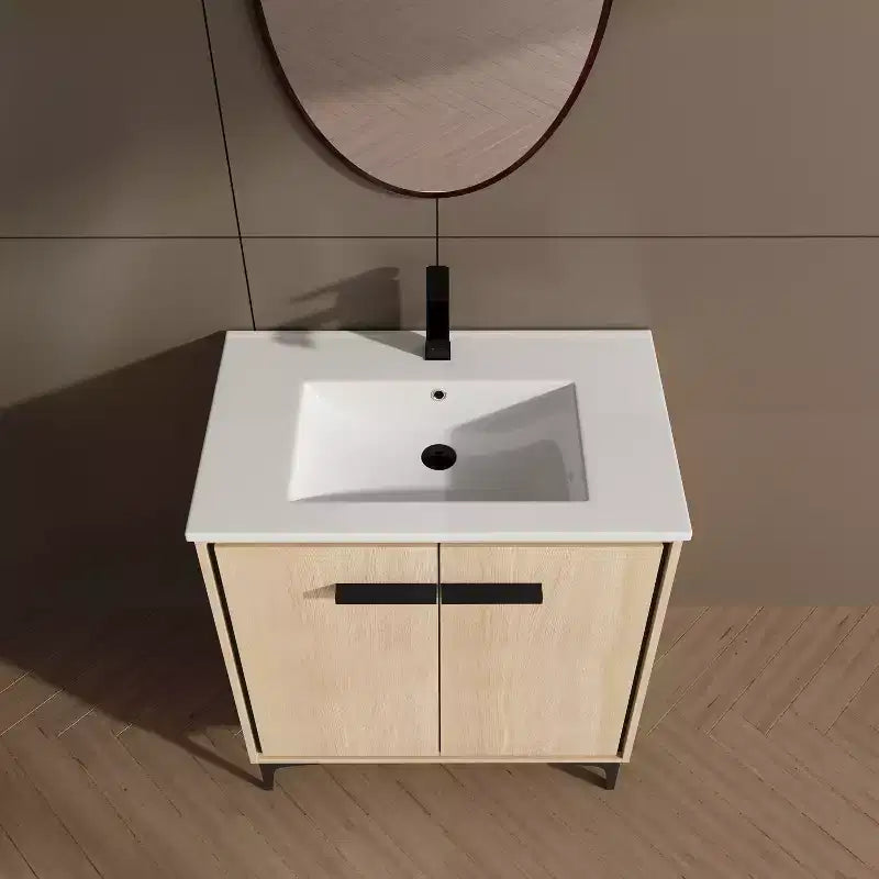 Meuble de salle de bain noir de 24 pouces entièrement pré-assemblé avec vasque et plateau en céramique, 2 portes à fermeture amortie