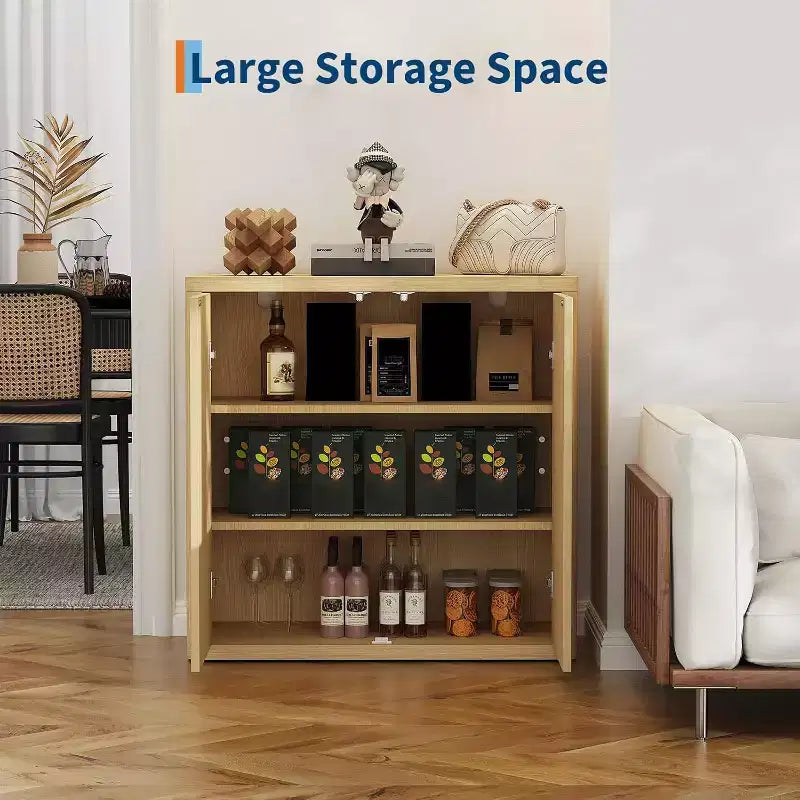 Buffet de rangement cannelé, Armoire de rangement en bois de 88 cm de large avec étagères réglables pour cuisine, salle à manger, salon