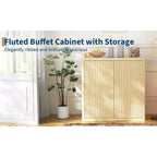 Buffet de rangement cannelé, Armoire de rangement en bois de 88 cm de large avec étagères réglables pour cuisine, salle à manger, salon
