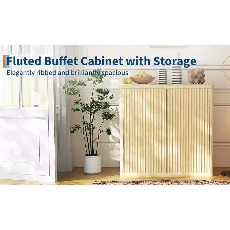 Buffet de rangement cannelé, Armoire de rangement en bois de 88 cm de large avec étagères réglables pour cuisine, salle à manger, salon