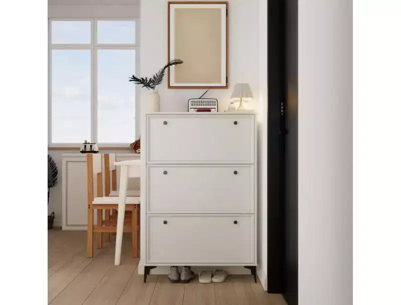 White Shoe Cabinet, Modern Narrow 3 Flip-Drawer Storage with Independent Legs, Hidden Space for Hallway, Entryway, Bedroom