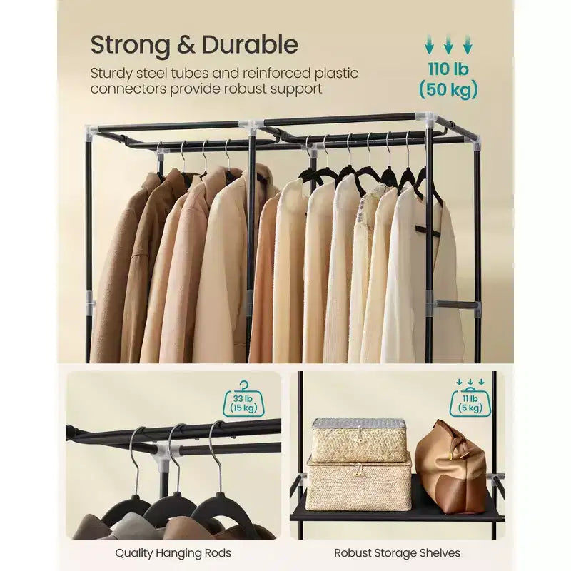 SONGMICS Armoire de Rangement Portable, Penderie en Tissu avec Couverture, 2 Tiges de Suspension et Étagères, 4 Poches Latérales, Grande Capacité, Noir Encre