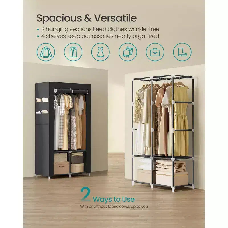 SONGMICS Armoire de Rangement Portable, Penderie en Tissu avec Couverture, 2 Tiges de Suspension et Étagères, 4 Poches Latérales, Grande Capacité, Noir Encre