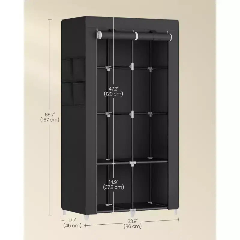 SONGMICS Armoire de Rangement Portable, Penderie en Tissu avec Couverture, 2 Tiges de Suspension et Étagères, 4 Poches Latérales, Grande Capacité, Noir Encre