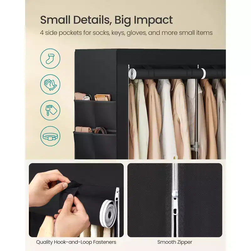 SONGMICS Armoire de Rangement Portable, Penderie en Tissu avec Couverture, 2 Tiges de Suspension et Étagères, 4 Poches Latérales, Grande Capacité, Noir Encre