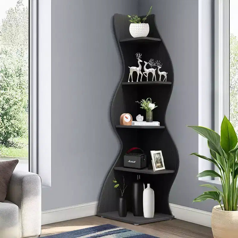 TUYOHW Étagère d'angle murale, bibliothèque flottante à 5 niveaux pour une maison moderne - Unité de rangement et de présentation peu encombrante, Noir