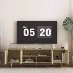 Meuble TV moderne VIYET 69 cannelé pour téléviseurs de plus de 55 pouces, console média en MDF noir avec 4 portes de rangement et pieds dorés