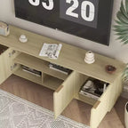 Meuble TV moderne VIYET 69 cannelé pour téléviseurs de plus de 55 pouces, console média en MDF noir avec 4 portes de rangement et pieds dorés