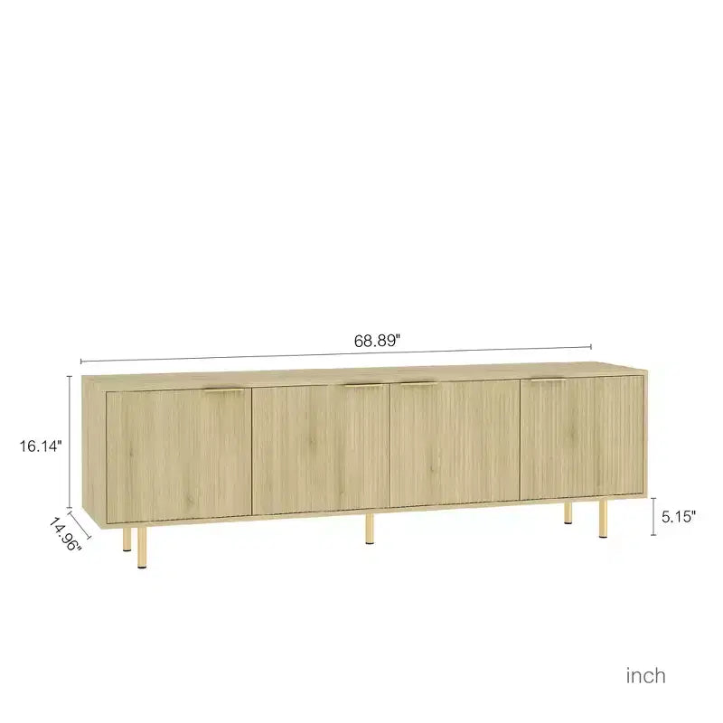 Meuble TV moderne VIYET 69 cannelé pour téléviseurs de plus de 55 pouces, console média en MDF noir avec 4 portes de rangement et pieds dorés