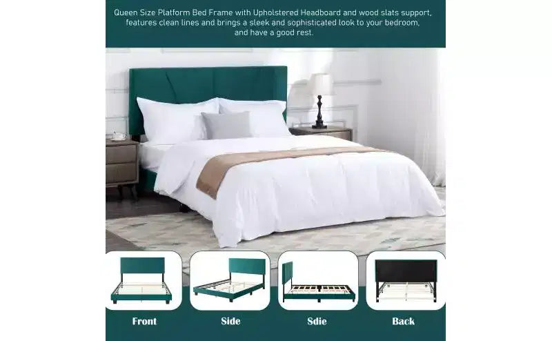 Okak Lit plateforme queen size élégant avec tête de lit capitonnée et support à lattes, lit en bois classique pour chambre principale