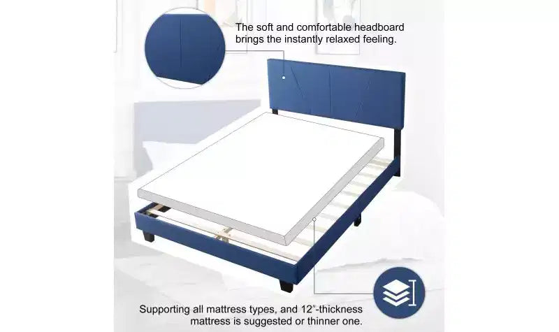 Okak Lit plateforme queen size élégant avec tête de lit capitonnée et support à lattes, lit en bois classique pour chambre principale