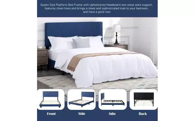 Okak Lit plateforme queen size élégant avec tête de lit capitonnée et support à lattes, lit en bois classique pour chambre principale