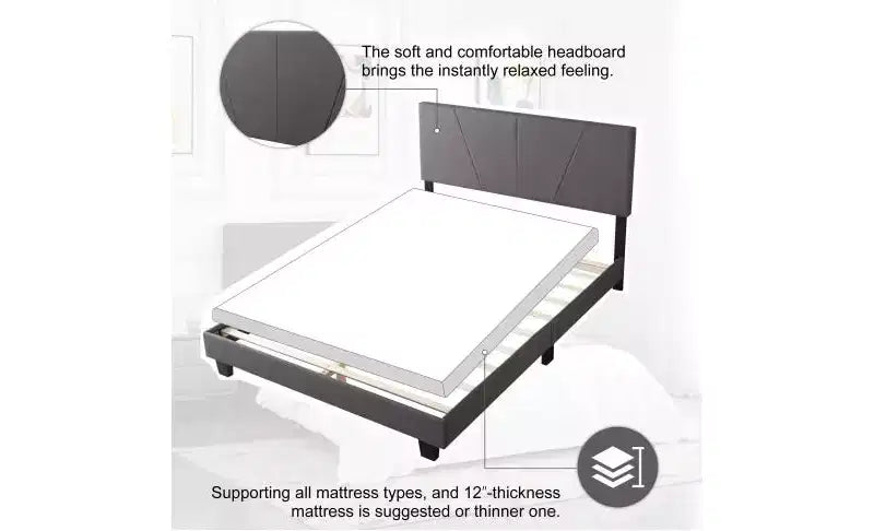 Okak Lit plateforme queen size élégant avec tête de lit capitonnée et support à lattes, lit en bois classique pour chambre principale