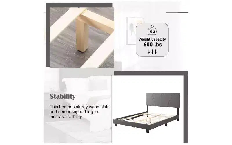Okak Lit plateforme queen size élégant avec tête de lit capitonnée et support à lattes, lit en bois classique pour chambre principale