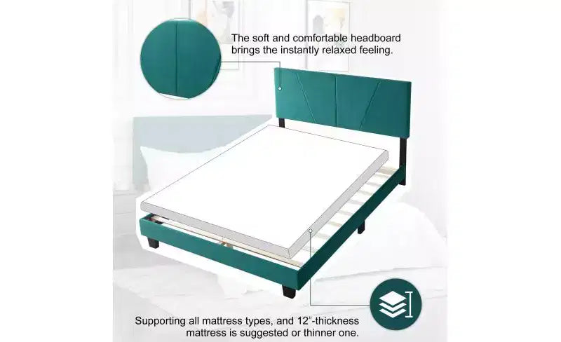 Okak Lit plateforme queen size élégant avec tête de lit capitonnée et support à lattes, lit en bois classique pour chambre principale