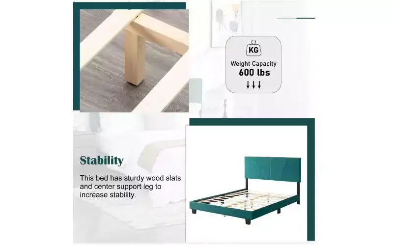 Okak Lit plateforme queen size élégant avec tête de lit capitonnée et support à lattes, lit en bois classique pour chambre principale
