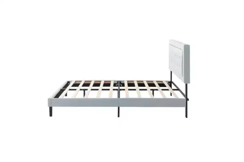 Cadre de lit plateforme Queen Size moderne Okak avec tête de lit capitonnée en velours/lin et support à lattes, lit en bois classique pour chambre principale