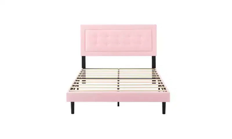 Cadre de lit plateforme Queen Size moderne Okak avec tête de lit capitonnée en velours/lin et support à lattes, lit en bois classique pour chambre principale