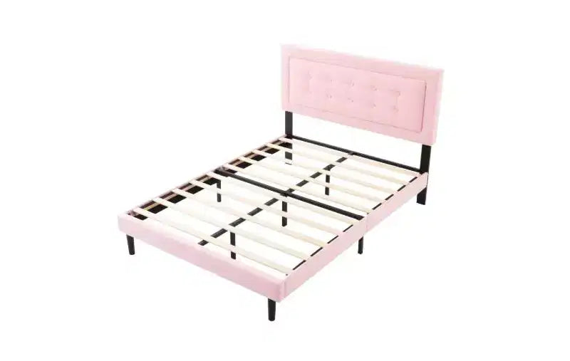 Cadre de lit plateforme Queen Size moderne Okak avec tête de lit capitonnée en velours/lin et support à lattes, lit en bois classique pour chambre principale