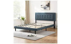 Cadre de lit plateforme Queen Size moderne Okak avec tête de lit capitonnée en velours/lin et support à lattes, lit en bois classique pour chambre principale