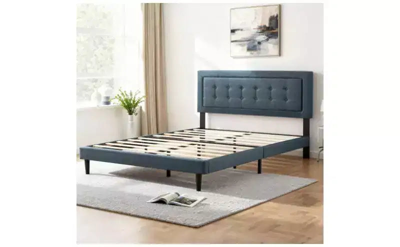 Cadre de lit plateforme Queen Size moderne Okak avec tête de lit capitonnée en velours/lin et support à lattes, lit en bois classique pour chambre principale