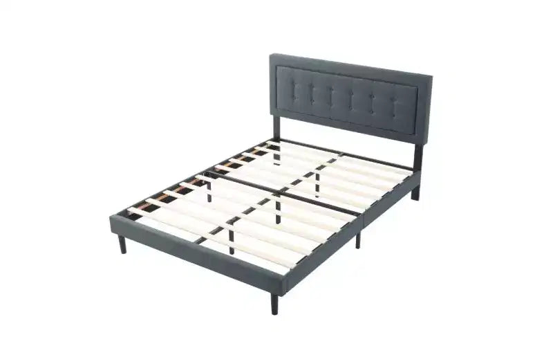 Cadre de lit plateforme Queen Size moderne Okak avec tête de lit capitonnée en velours/lin et support à lattes, lit en bois classique pour chambre principale