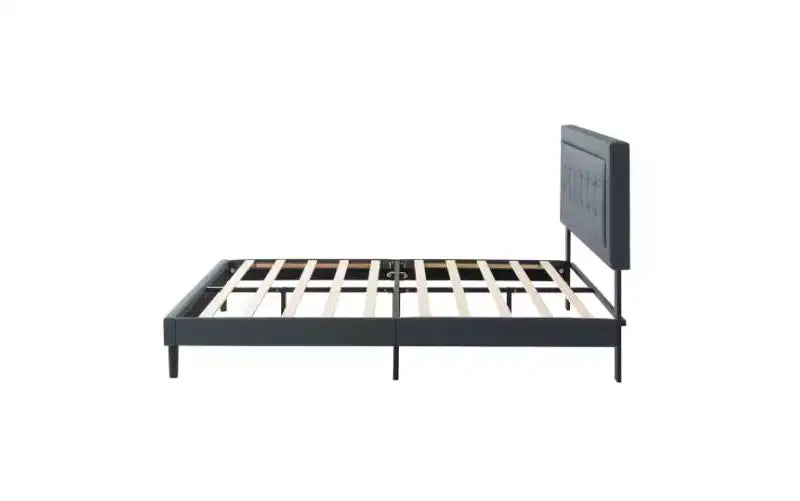 Cadre de lit plateforme Queen Size moderne Okak avec tête de lit capitonnée en velours/lin et support à lattes, lit en bois classique pour chambre principale