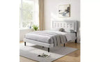 Cadre de lit plateforme Queen Size moderne Okak avec tête de lit capitonnée en velours/lin et support à lattes, lit en bois classique pour chambre principale