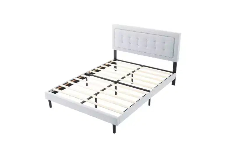 Cadre de lit plateforme Queen Size moderne Okak avec tête de lit capitonnée en velours/lin et support à lattes, lit en bois classique pour chambre principale