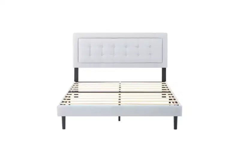 Cadre de lit plateforme Queen Size moderne Okak avec tête de lit capitonnée en velours/lin et support à lattes, lit en bois classique pour chambre principale