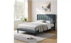 Okak Modern Queen Size Platform Bed Frame with Velvet/Linen Upholstered Headboard & Slats Support,Classic Wooden Bed for Primary Bedroom