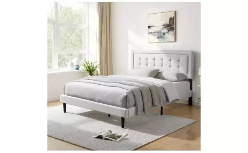 Cadre de lit plateforme Queen Size moderne Okak avec tête de lit capitonnée en velours/lin et support à lattes, lit en bois classique pour chambre principale
