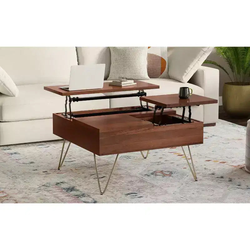 Table basse relevable carrée industrielle Moreno en bois de manguier massif de 81 cm de large