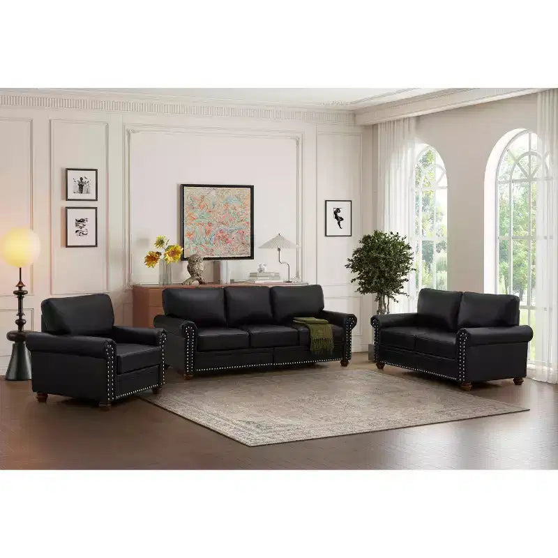 MAYEERTY 3 Pieces Sectional Faux Leather Sofa with Storage Silver Nails for Living Room Black