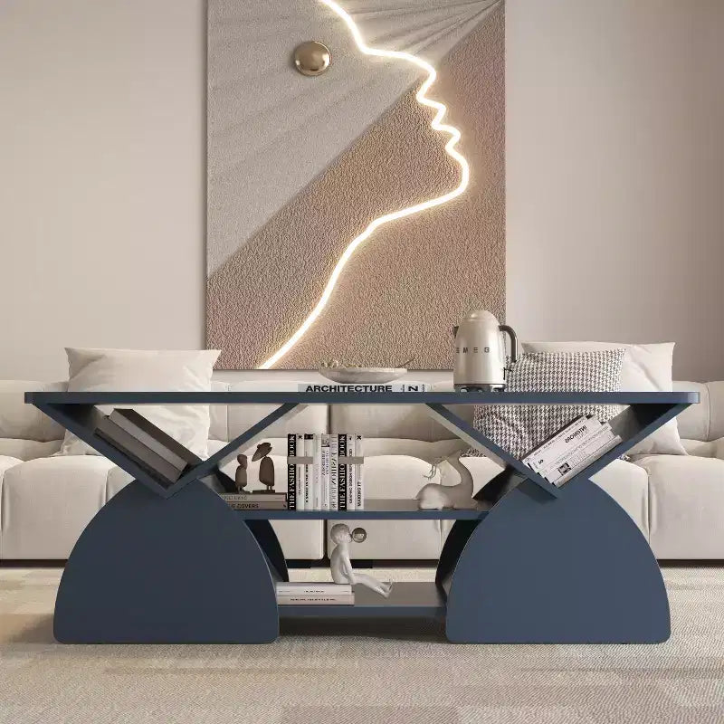 Table basse rectangulaire, Rectangulaire arrondie, Étagères ouvertes, Montage facile, Cadre robuste, Design géométrique moderne pour salons et salles de réception