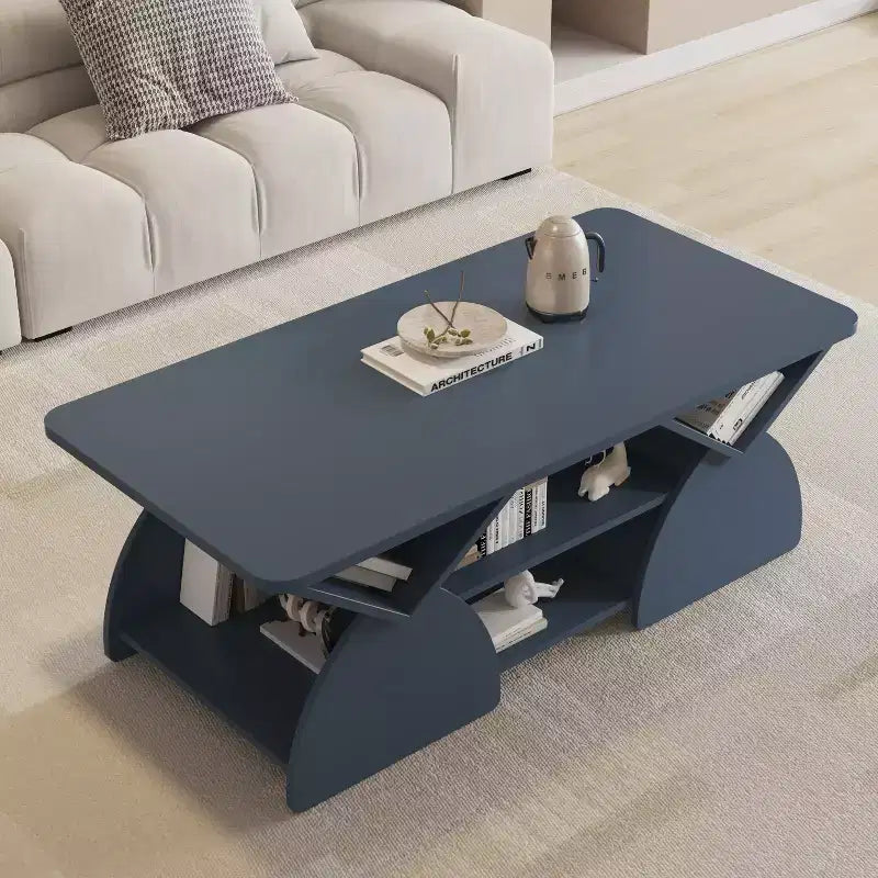 Table basse rectangulaire, Rectangulaire arrondie, Étagères ouvertes, Montage facile, Cadre robuste, Design géométrique moderne pour salons et salles de réception