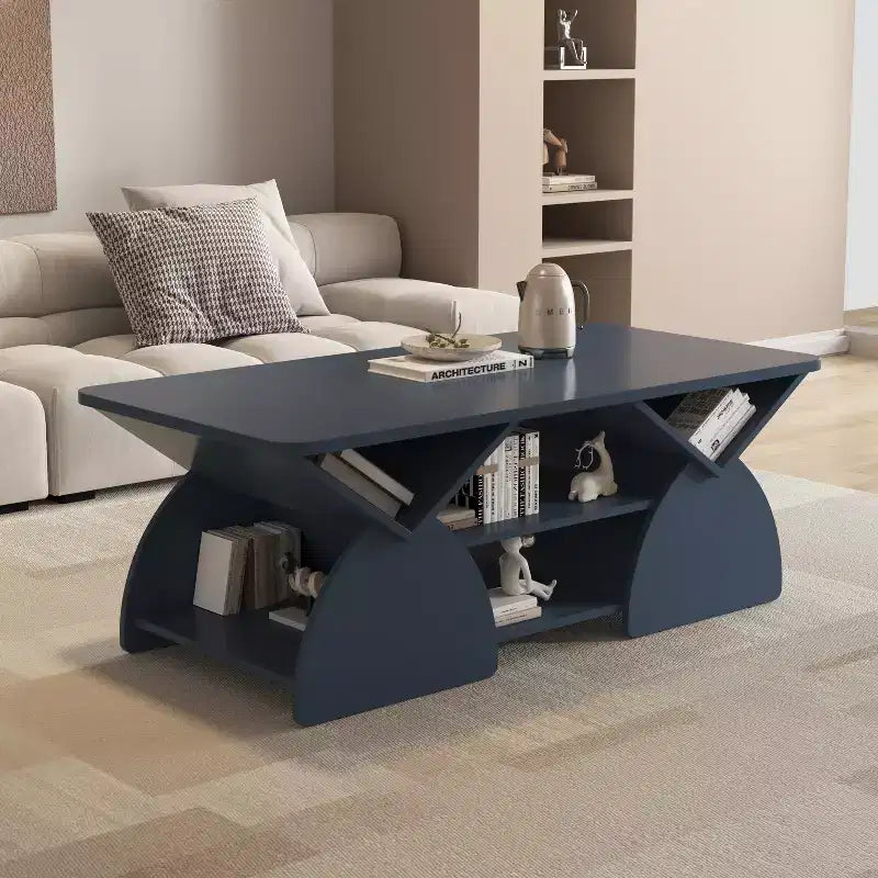 Table basse rectangulaire, Rectangulaire arrondie, Étagères ouvertes, Montage facile, Cadre robuste, Design géométrique moderne pour salons et salles de réception