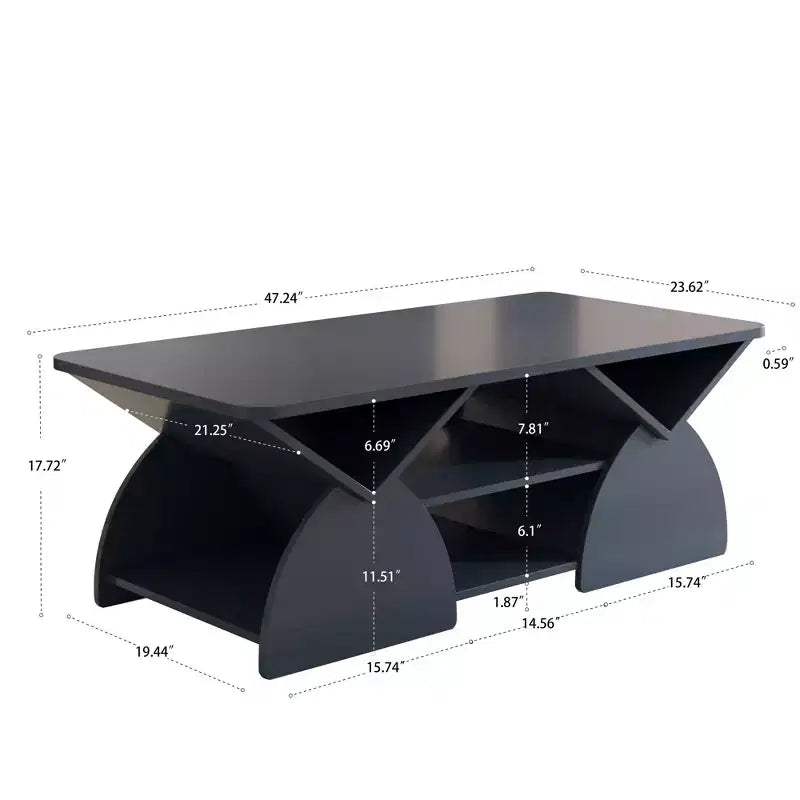 Table basse rectangulaire, Rectangulaire arrondie, Étagères ouvertes, Montage facile, Cadre robuste, Design géométrique moderne pour salons et salles de réception
