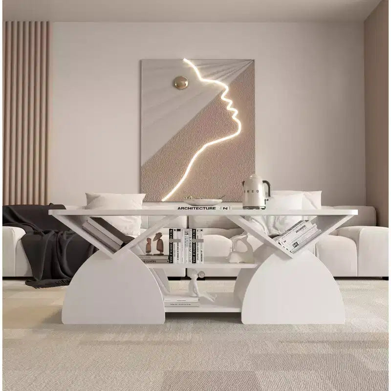 Table basse rectangulaire, Rectangulaire arrondie, Étagères ouvertes, Montage facile, Cadre robuste, Design géométrique moderne pour salons et salles de réception