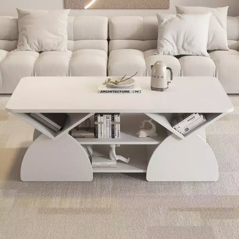Table basse rectangulaire, Rectangulaire arrondie, Étagères ouvertes, Montage facile, Cadre robuste, Design géométrique moderne pour salons et salles de réception