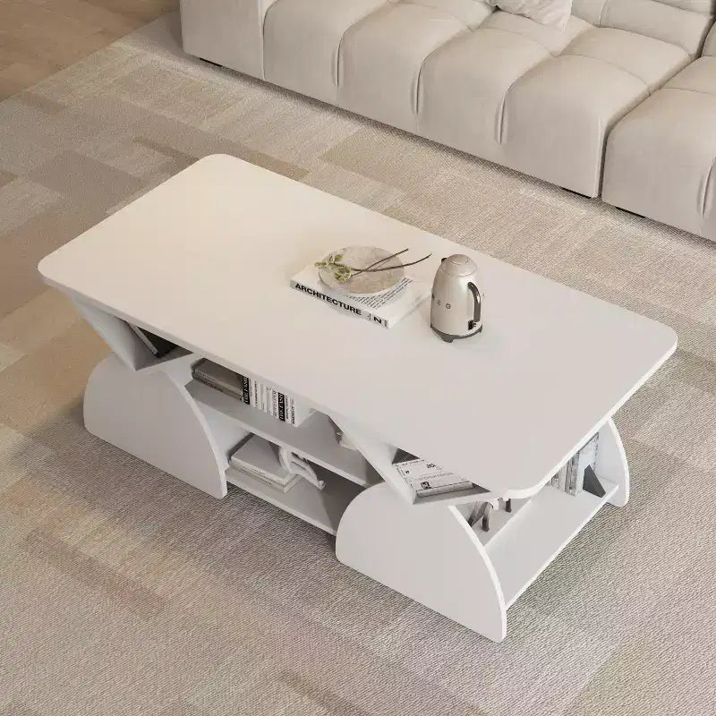 Table basse rectangulaire, Rectangulaire arrondie, Étagères ouvertes, Montage facile, Cadre robuste, Design géométrique moderne pour salons et salles de réception