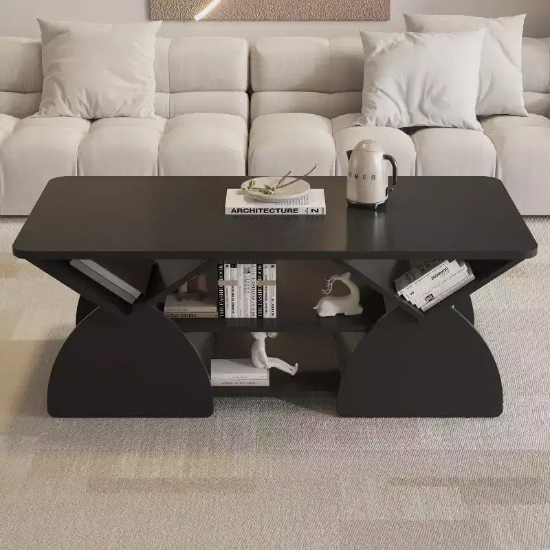 Table basse rectangulaire, Rectangulaire arrondie, Étagères ouvertes, Montage facile, Cadre robuste, Design géométrique moderne pour salons et salles de réception