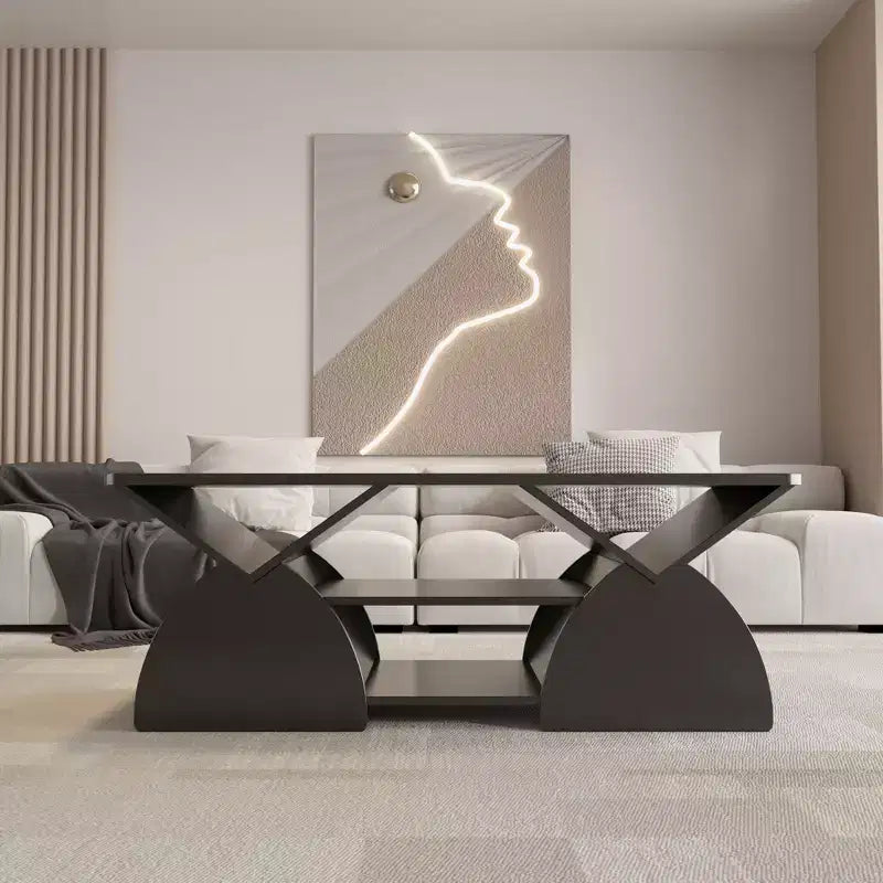 Table basse rectangulaire, Rectangulaire arrondie, Étagères ouvertes, Montage facile, Cadre robuste, Design géométrique moderne pour salons et salles de réception